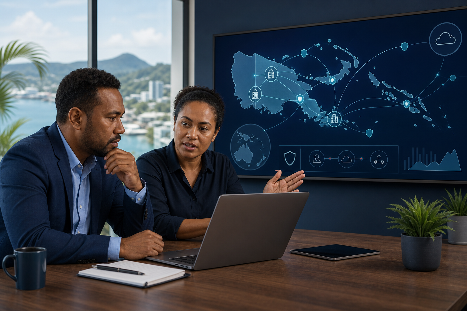 Papua New Guinea business leaders reviewing a secure regional network with a cybersecurity specialist